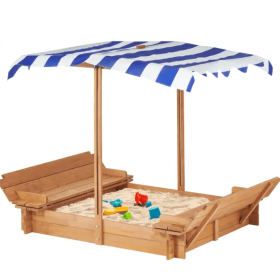 Kids Sandbox With Adjustable Cover, 46  Wooden Sand Box With 2 Foldable Bench Seats, Outdoor Sandpit For Play