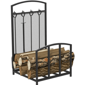 HOMCOM Firewood Rack With Fireplace Tools, Indoor Outdoor Firewood Holder For Fireplace, Wood Stove, Hearth Or Fire Pit, Wood Storage Log Rack Include