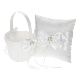 7 * 7 inches White Satin Bowknot Rhinestone Decorated Ring Bearer Pillow and Wedding Flower Girl Basket Set