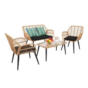 4-Piece Patio Furniture Outdoor Bistro Set, All Weather Rattan Conversation Bistro Loveseat Chair and Table Set for Backyard Balcony Deck