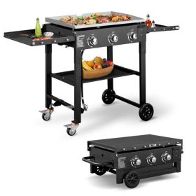 Foldable 3-Burner Flat Top Gas Griddle Cooking Station, Propane Fuelled Griddle Station with Side Shelves for Outdoor Barbecue Backyard Cookout