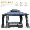 10' x 12' Hardtop Gazebo Canopy with Polycarbonate Double Roof, Aluminum Frame, Permanent Pavilion Outdoor Gazebo with Netting and Curtains for Patio