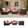 7 Pieces Wood Grain Patio PE Wicker Rattan Corner Sofa Set