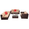 7 Pieces Wood Grain Patio PE Wicker Rattan Corner Sofa Set