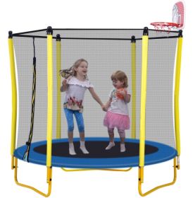 5.5FT Trampoline For Kids -65 Outdoor & Indoor Mini Toddler Trampoline With Enclosure, Basketball Hoop And Ball Included (Color: Yellow)