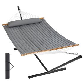 VEVOR Two Person Hammock with Stand Included Heavy Duty 480lb Capacity, Double Hammock with 12 FT Steel Stand and Portable Carrying Bag and Pillow (Type of Support: T Type, Color: Gray)