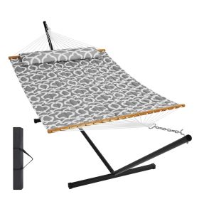 VEVOR Two Person Hammock with Stand Included Heavy Duty 480lb Capacity, Double Hammock with 12 FT Steel Stand and Portable Carrying Bag and Pillow (Type of Support: T Type, Color: Grey White)