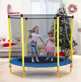 5.5FT Trampoline For Kids -65 Outdoor & Indoor Mini Toddler Trampoline With Enclosure, Basketball Hoop And Ball Included (Color: Blue)